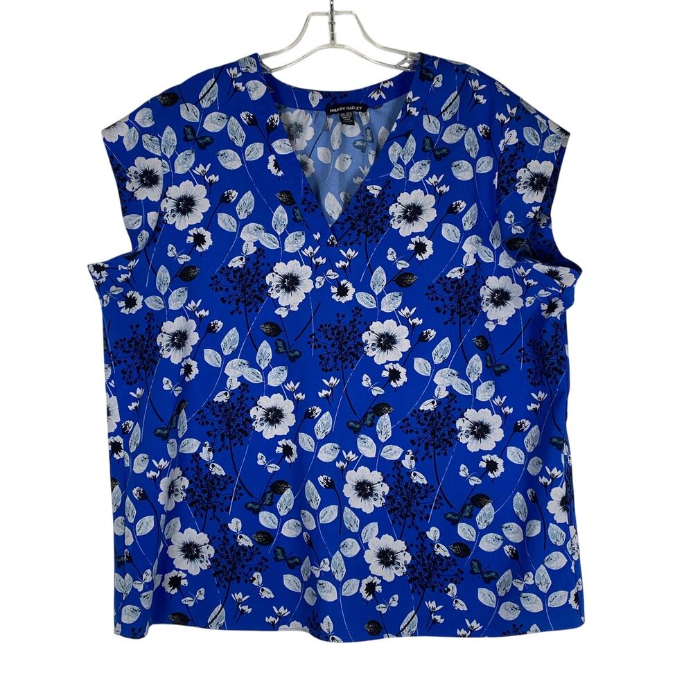 Hilary Radley Floral V Neck Blouse Womens XXL Blue Botanical Office Work Career